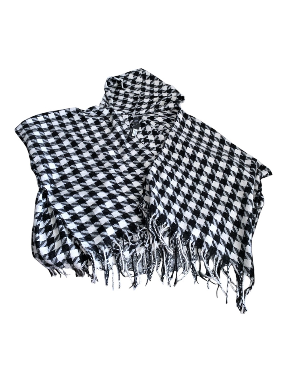 Marcus Adler Black White Houndstooth Hooded Fringe Shawl Wrap Open Front Poncho